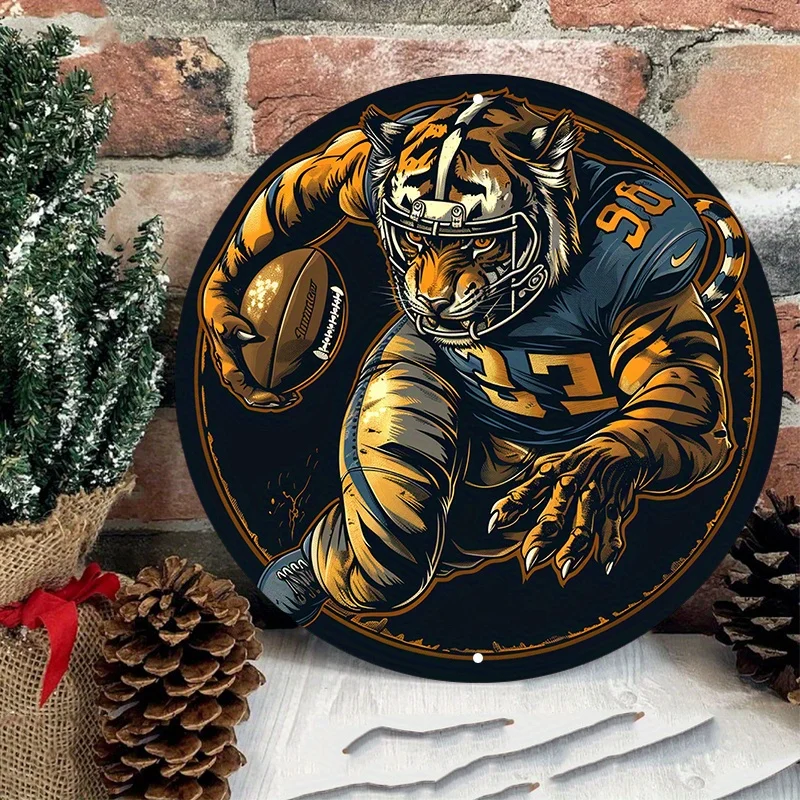 Waterproof Tiger Football Metal Wall Art, Round Aluminum Decor Sign with Pre-Drilled Weather-Resistant Sports Themed Door Hanger