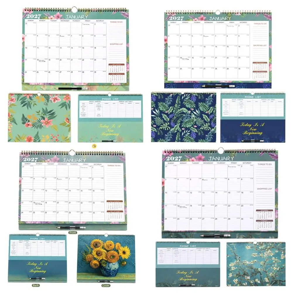 2027 Wall Calendar Floral Design Thick Paper Hanging Planner English Twin Wire Binding Calendars for School Office Decoration