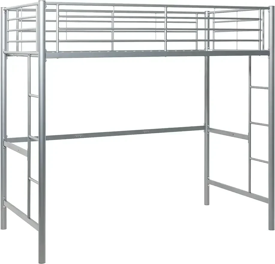 Walker Edison Silver Metal Twin over Loft Bunk Bed Twin Size Bedframe with Ladder Computer Gaming Desk