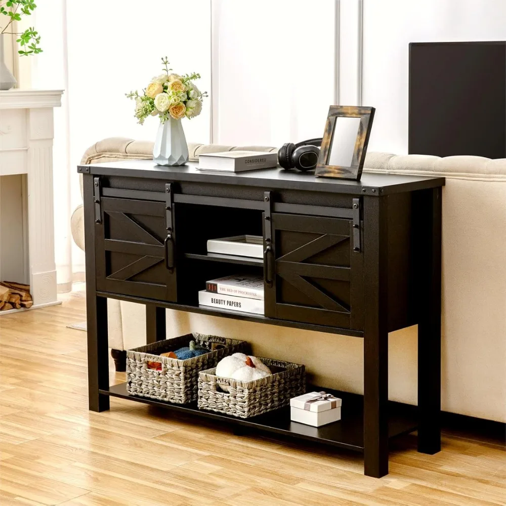 Entryway Table with Sliding Barn Doors, 46'' Farmhouse Console Table with Storage, Rustic Sofa Table with Adjustable She