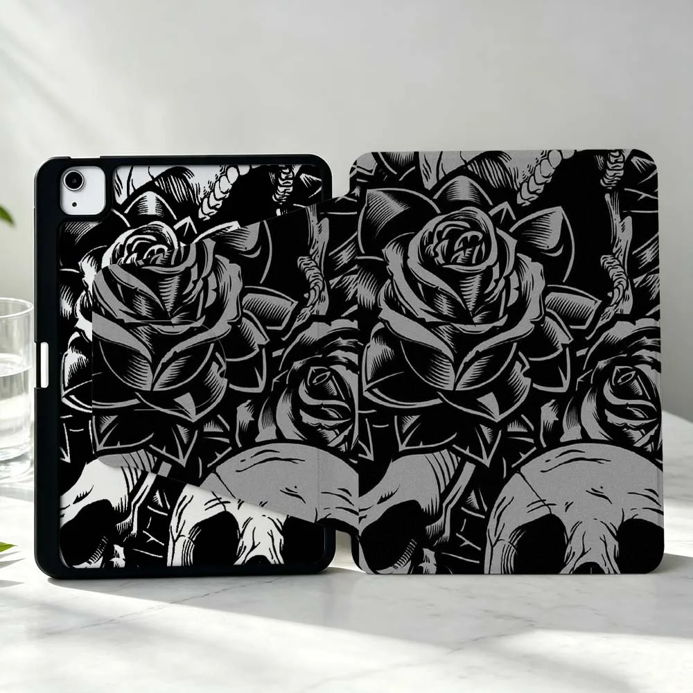 Floral Skull Pattern For iPad Pro Air mini 6 5 4 12th M5 M4 M3 M2 A16 A17Pro 360° Rotation Stylus Storage Tablet Case Soft