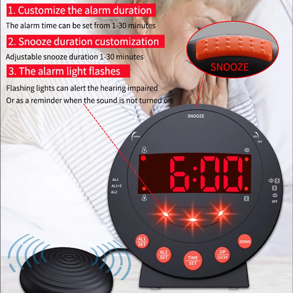 Loud Vibrating Alarm Clock TS-BC600 with Bed Shaker Flash Light Brightness Adjustable Snooze Dual Alarm Setting USB LED Display