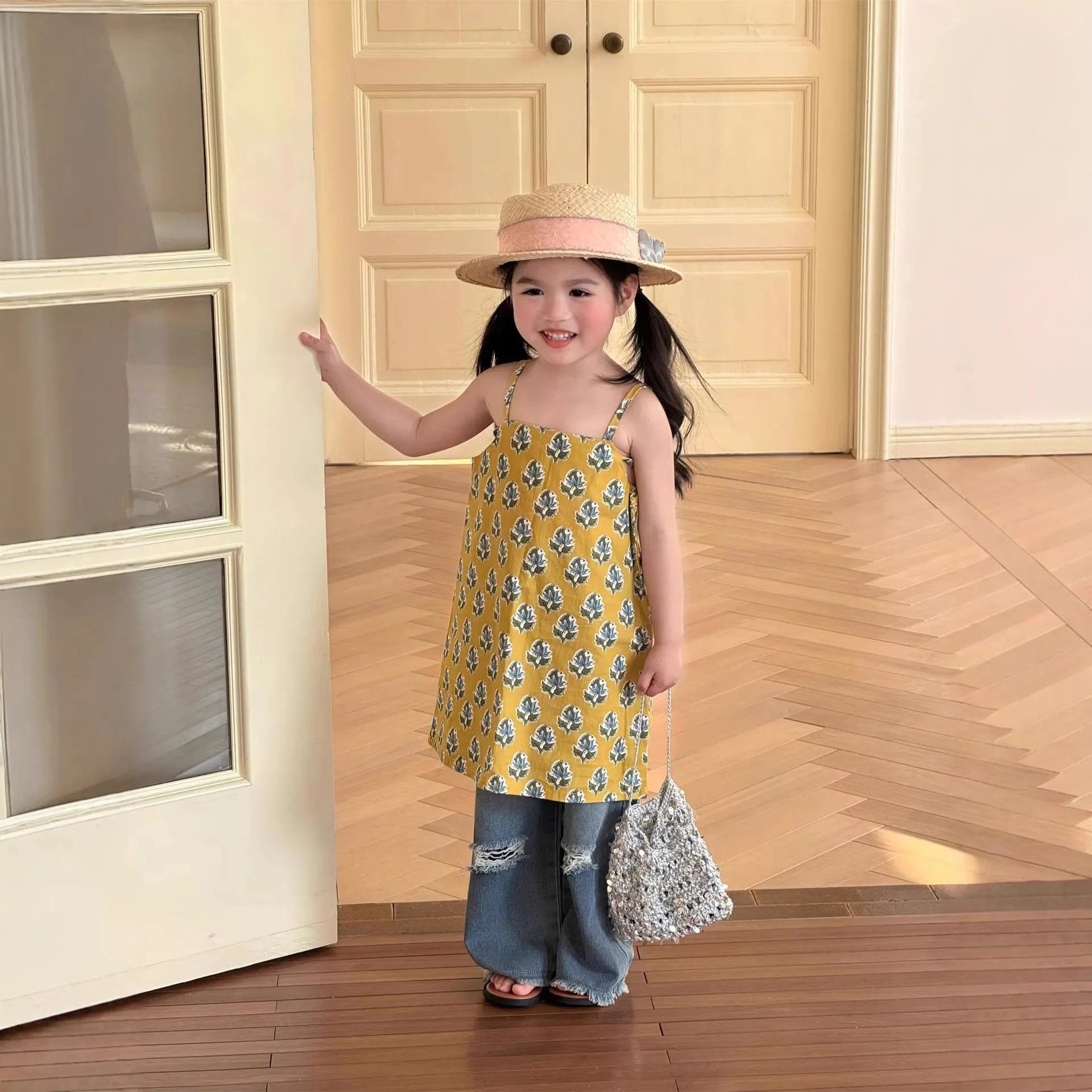 

Girls Top 2026 Spring Summer New Korean Style Full Print Flower Strap Skirt Loose Casual Fashionable Versatile Daily Wear