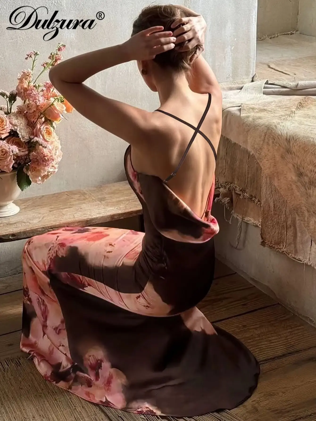 Dulzura bez rękawów obcisła sukienka z odkrytymi plecami nieregularny nadruk Cami Maxi sukienka seksowna elegancka długa sukienka na co dzień odzież klubowa strój letni