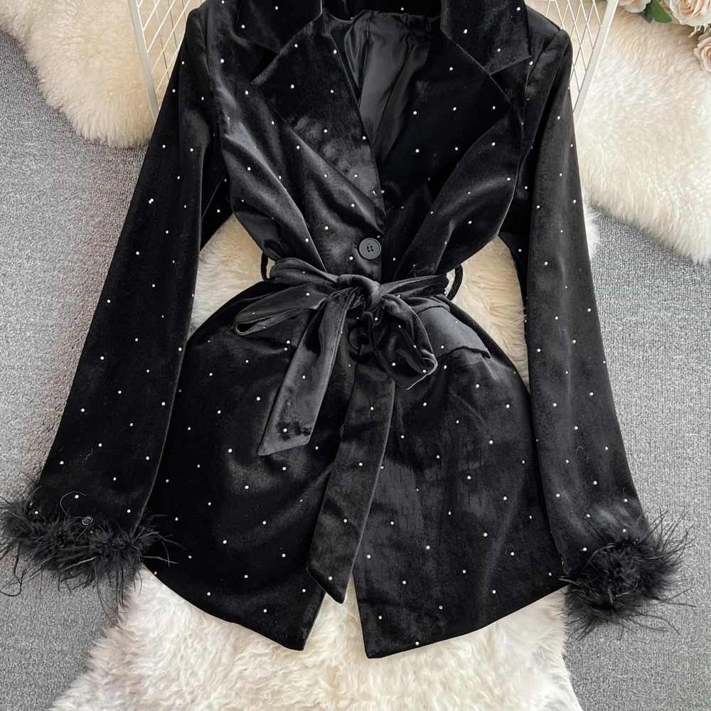 Women Autumn Winter Fashion Hot Stamping Velvet Ostrich Fur Suit Jacket Black Blazers