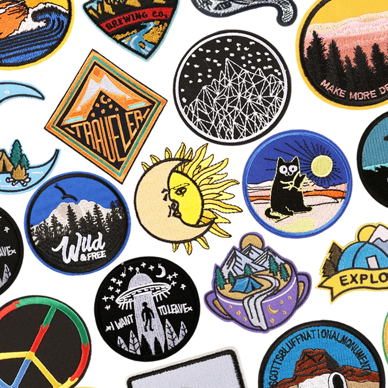 Embroidery Patches For Clothing Iron On Outdoor Jacket Termoadesive Designer Sew Mochila Jeans Cat Ufo Parche Badges Stripe Diy