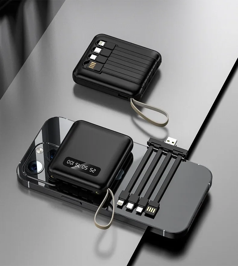 Mini with Its Own Cable Power Bank 20000mAh Fast Charging with Its Own 4-wire Mobile Power Supply with LED Light