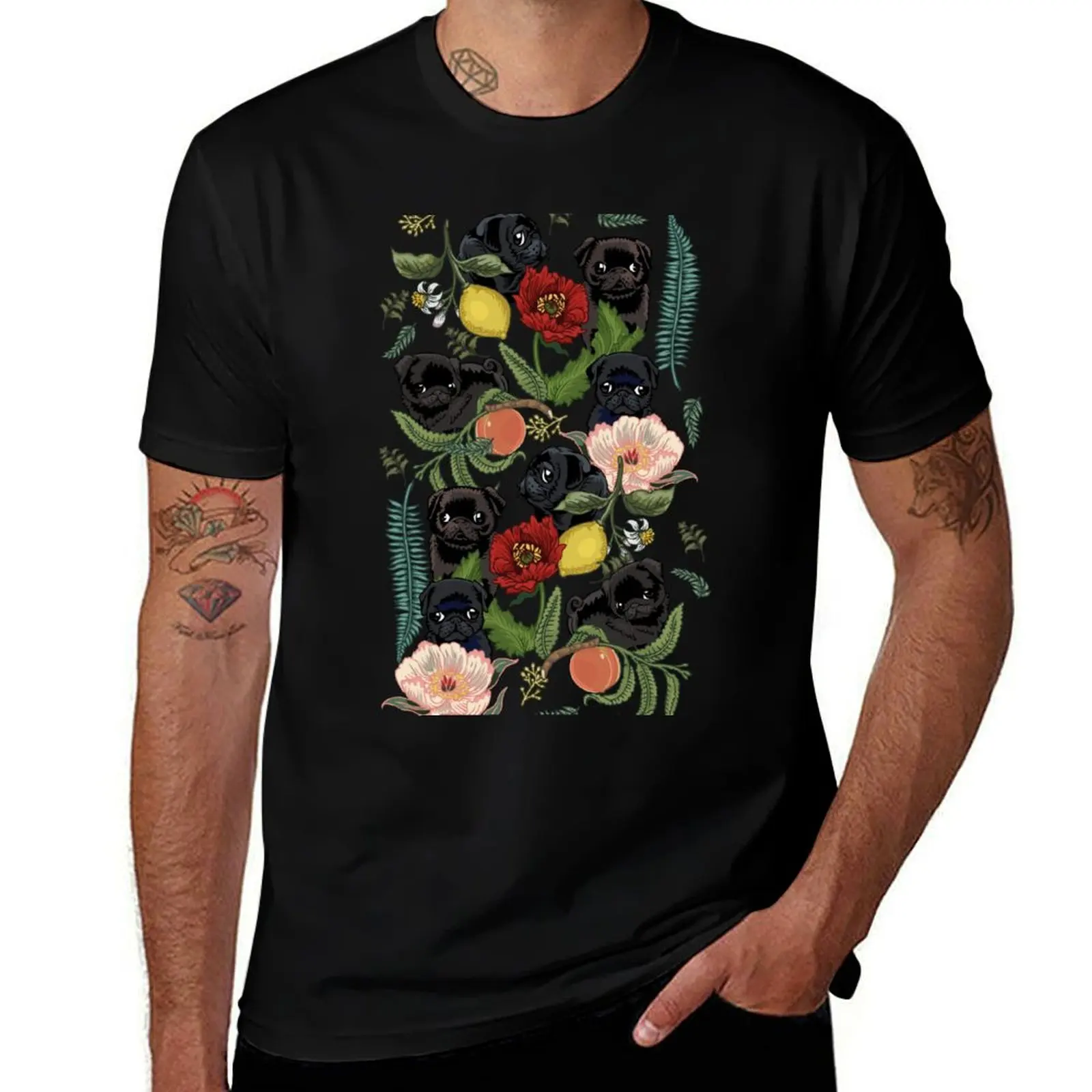 

Botanical and Black Pugs T-Shirt t shirt man cotton man t shirt summer T-Shirt
