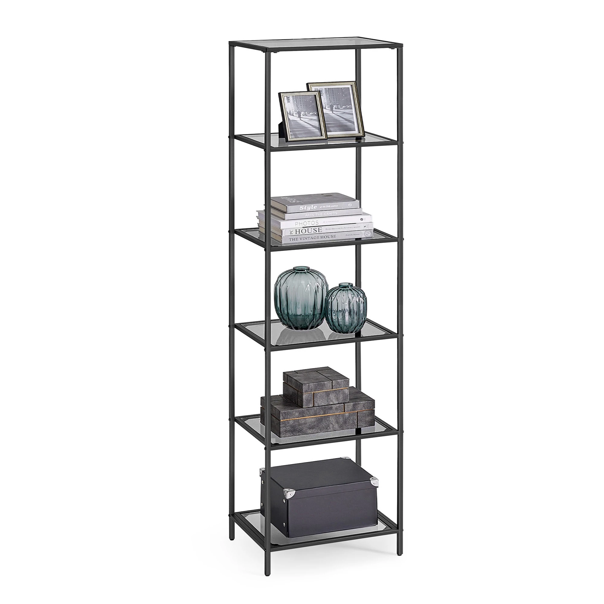 VASAGLE Bookcase, 6-Tier Bookshelf, Slim Shelving Unit for Bedroom, Bathroom, Home Office, Tempered Glass, Steel Frame