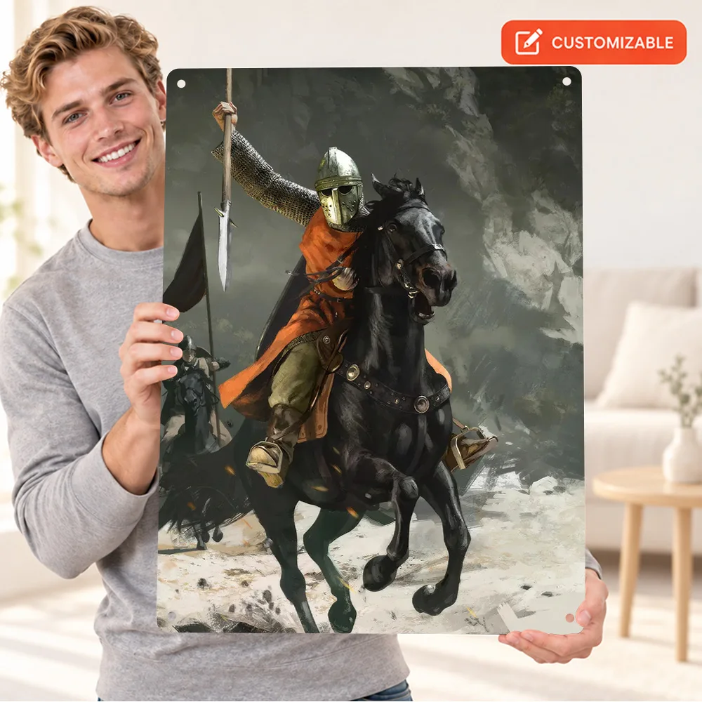 Medieval Knight On Horseback Aluminum Poster Personalized Metal Sign Dramatic Illustration Wall Art For Collector Display Room