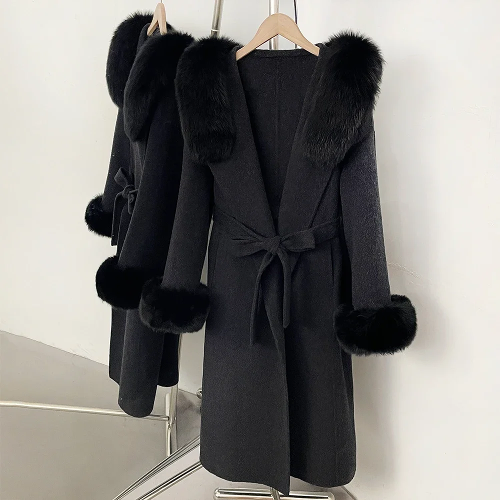 OFTBUY New Winter Warm Hood Solid Woolen Overcoat for Women Long Wool Blend Coat Women Real Fox Fur Belted Waist Jacket Female