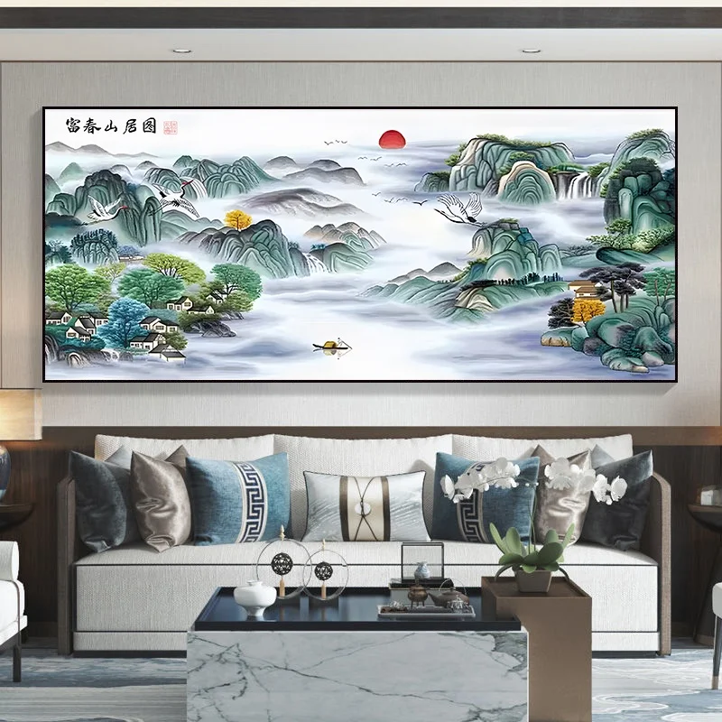 

New 2025 Fuchun Mountain Residence Cross Stitch Embroidery Large Landscape Handmade Scene Living Room Cotton Fabric