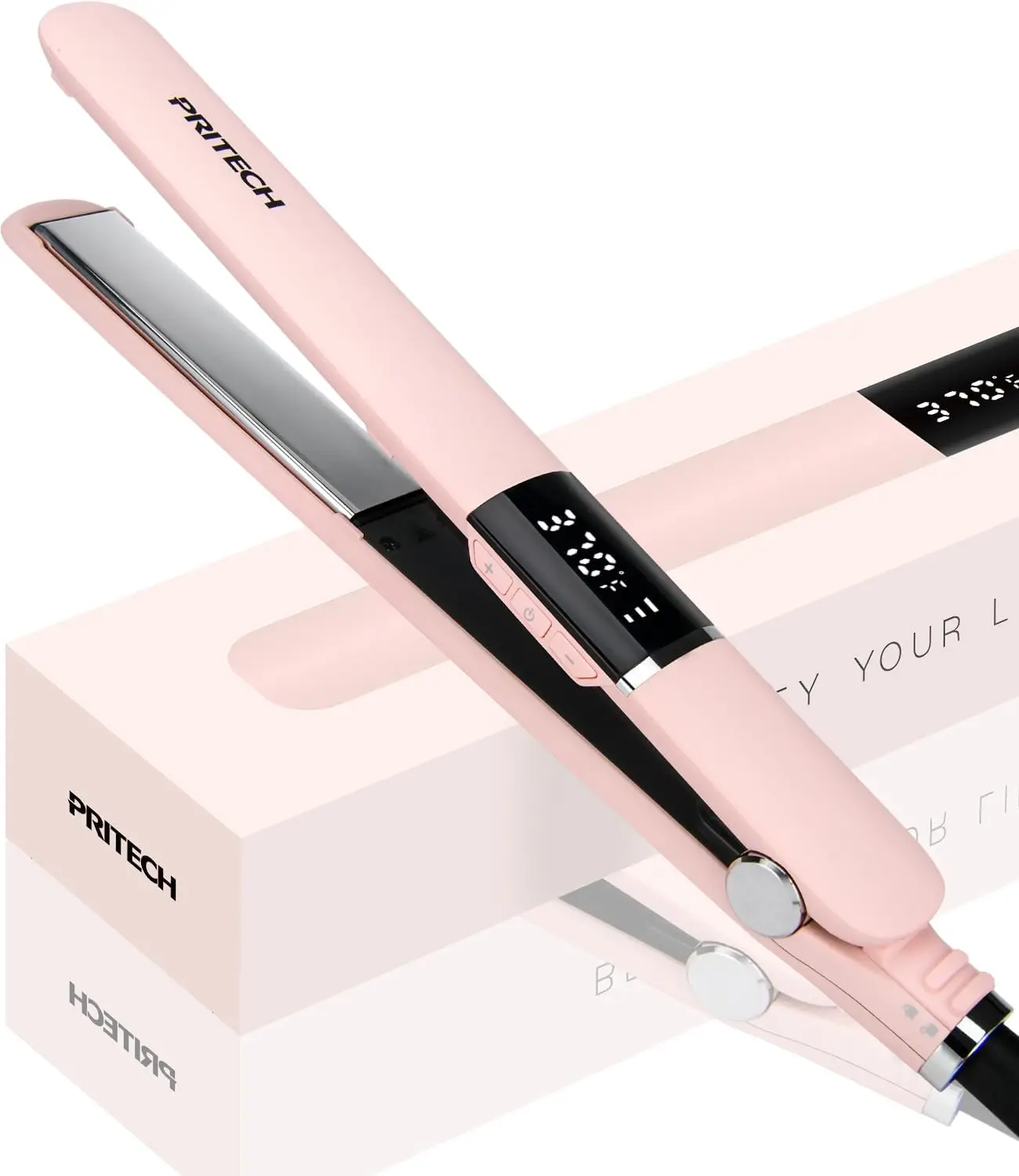 

Titanium Flat Iron 1 inch, Adjustable Temp 290-450°F, Anti-Frizz Dual Voltage Straightener & Curler 2 in 1