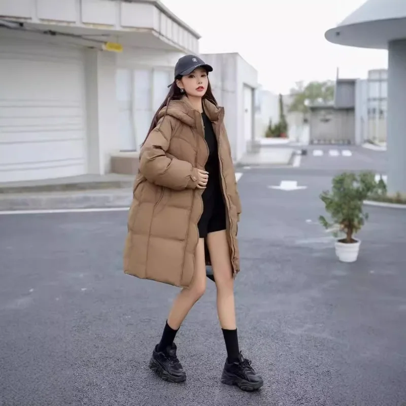 Nueva chaqueta de invierno de longitud media para mujer, con capucha, capullo de flor, gruesa, cálida, holgada, ropa de abrigo, abrigo de plumón de pato blanco a la moda