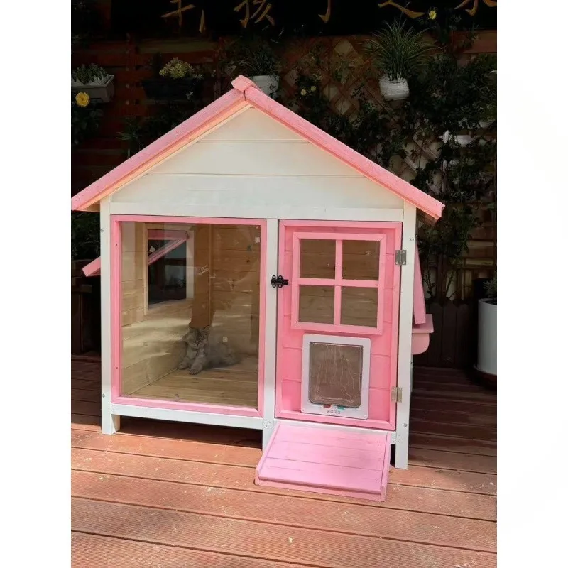 Outdoor glass solid wood sun pet wooden house, rain and sun protection wooden dog house, large dog pet villa
