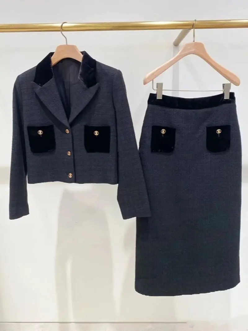 Women Velvet Stitching Tweed Set Autumn 2024 High Waist Midi Skirt or Single Breasted Long Sleeve Blazer Vintage Female Suit