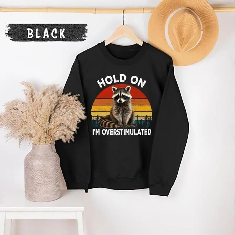 

Men Oversized Overstimulated Raccoon Sweatshirt Funny Retro Sunset Graphic Tee Humorous Slogan Loose Fit Anxiety Relief Pullover