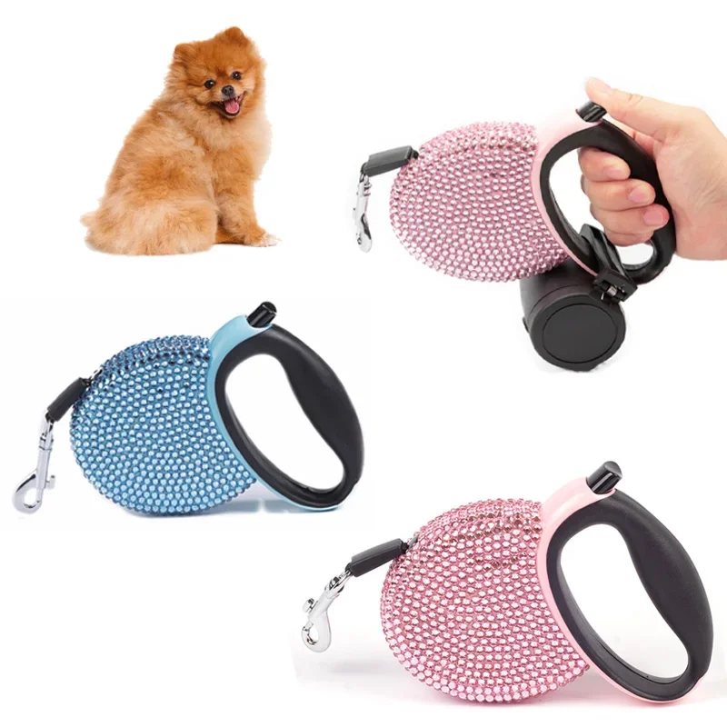 

Automatic Retractable Leash for Pet, 3M Collars, Blue and Pink Rhinestone, Bling Crystal Dog Leashes for Cat