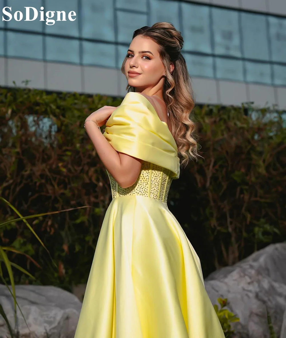 SoDigne A-Line Yellow Off Shoulder Satin Evening Dresses Sequins 2024 Celebrity Party Prom Gown for Women Homecoming Dresses