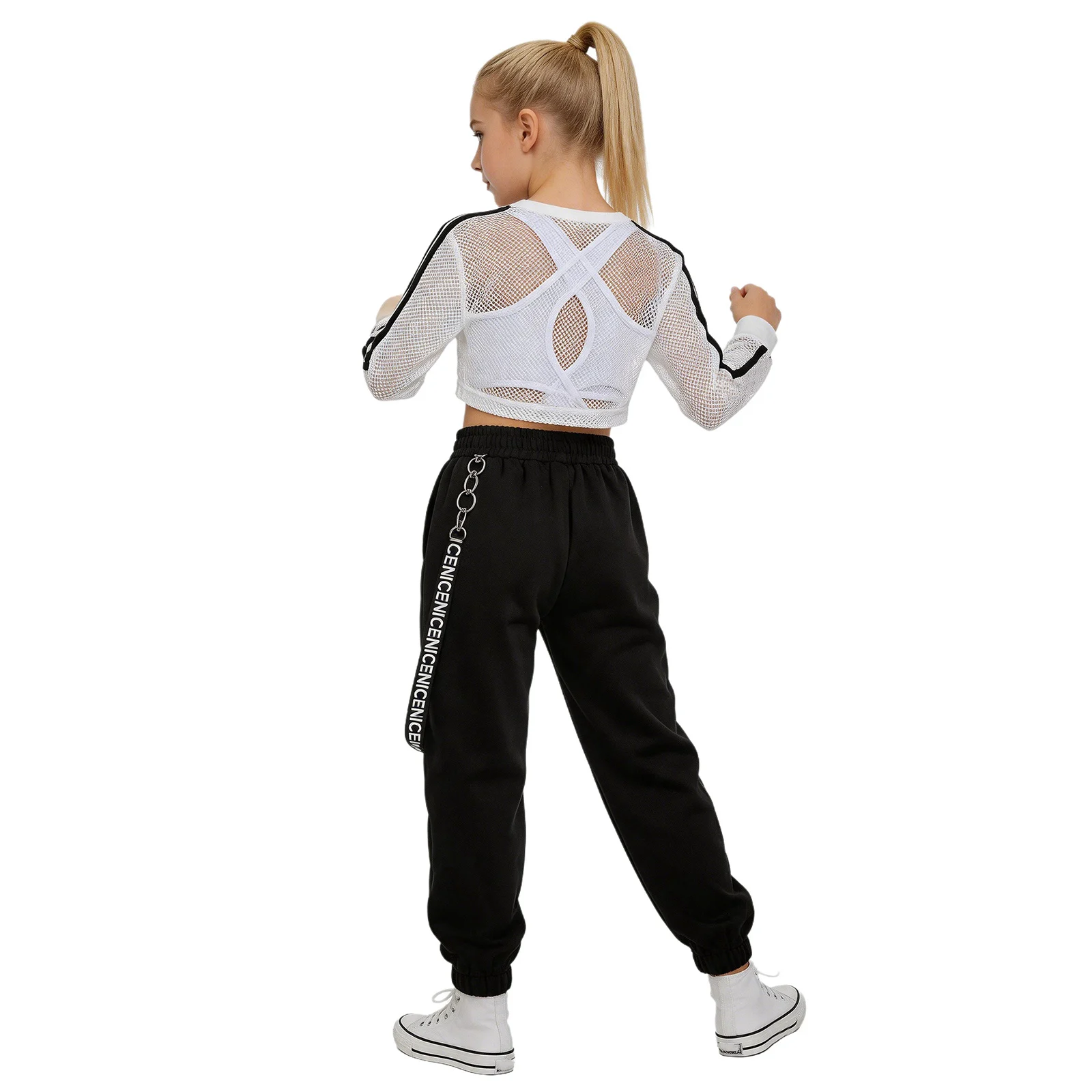 Kinder Mädchen Hip-Hop Jazz Tanz Performance Outfits: Rückenfreies Top mit Cargo-Hose und Mesh Langarm Crop Top Tanzkleidung – Detail 4