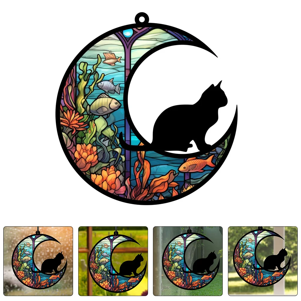 Cat Moon Stained Glass Suncatchers Window Hanging Wall Art Glass Suncatcher Ornament Glass Panel Suncatcher Home Halloween