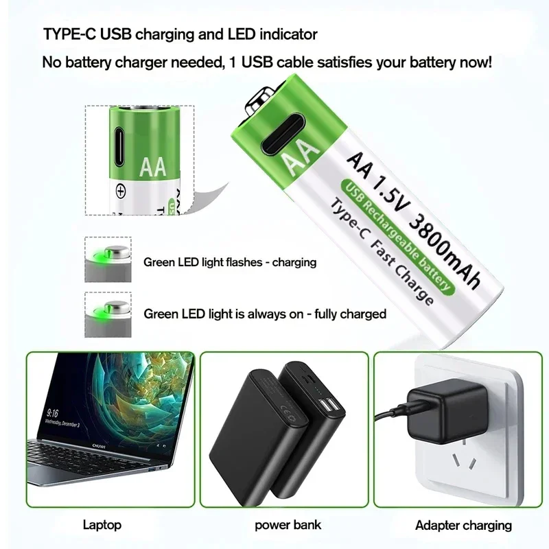 

1-20AA & AAA Li-ion Rechargeable Batteries with USB-C Fast Charging for Wireless Mouse, Remote Control Car, LED Lights & RC Toys