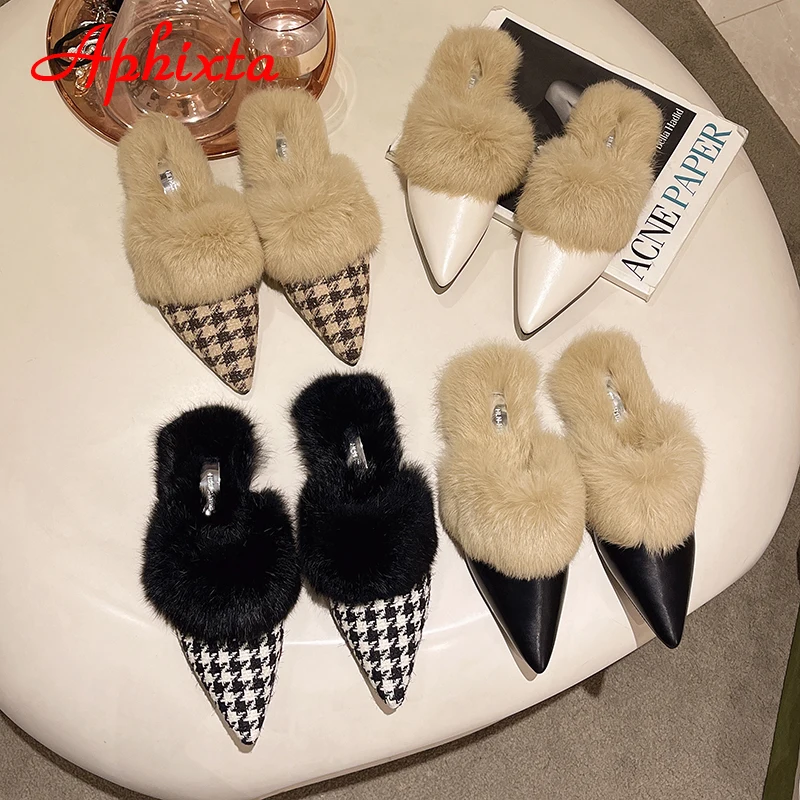 Aphixta Neue Warme Winter Echt Kaninchen Fell Plüsch Frauen Hausschuhe Vögel Pelzigen Plaid Schuhe Spitz Flache Ferse Haar Rutschen