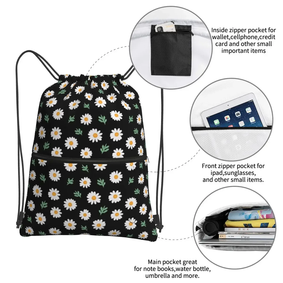 Mochilas portáteis pretas com padrão Daisy, saco de cordão, bolso do pacote, diversos sacos, viagem, esporte, homem, mulher