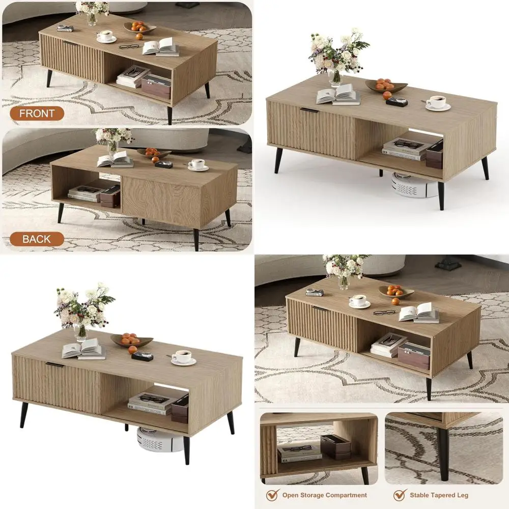 

Mid-Century 2-Tier Wooden Coffee Table with Sliding Door Storage, Solid Legs for Living & Home Office