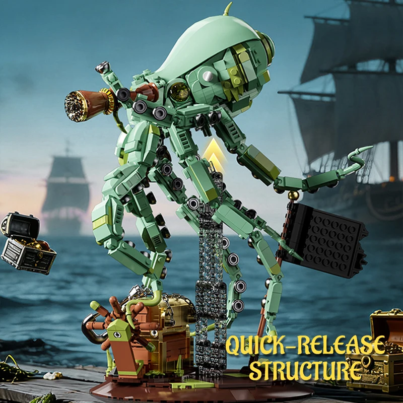 DIY Squid Building Blocks Set Mechanical Pirate Kraken Deep Sea Predator Model with Adjustable Tentacles Pirate Treasure Chest