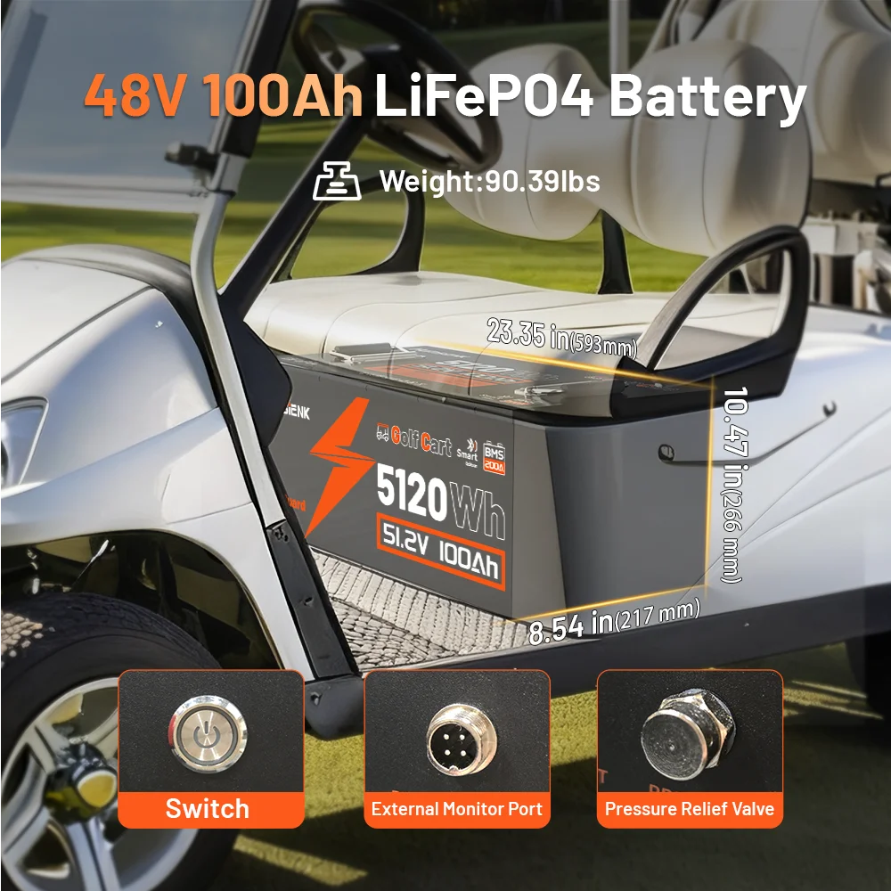 HumsiENK 48V 100Ah LiFePO4 Battery With 200A BMS&Bluetooth Monitor Data, Specialize in Golf Cart/Starter Battery/RV/Power Energy/48V Solar Energy Storage System/2-Year Warranty