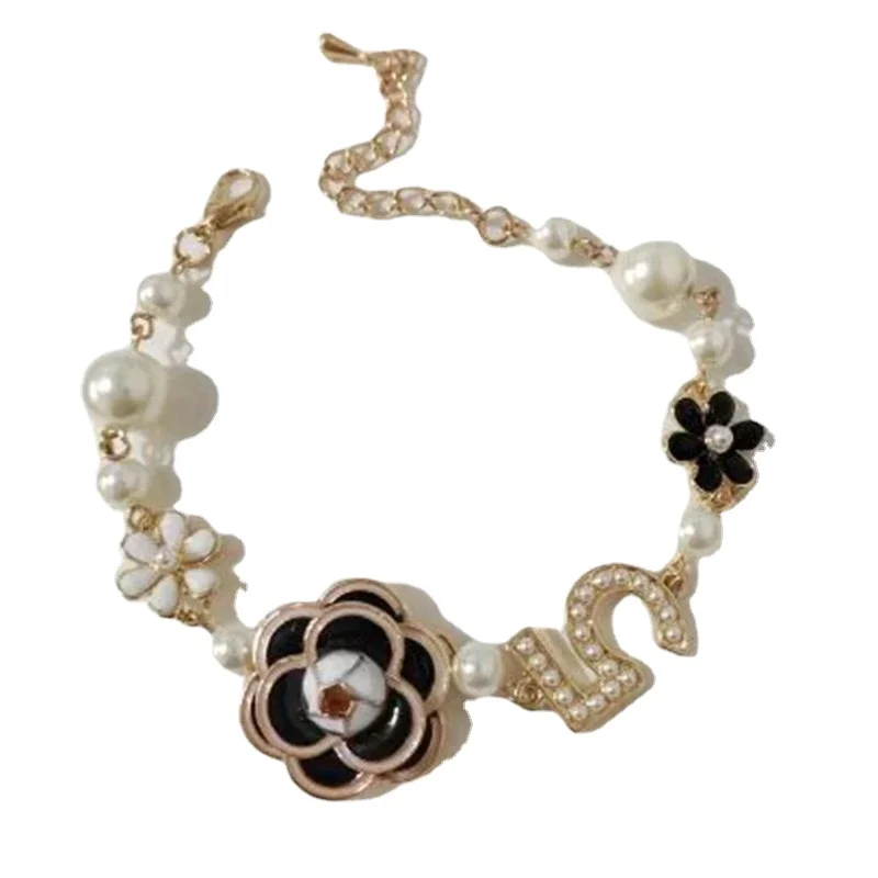 Luxury Handmade Crystal Camellia Flower Pearl Bead Charm Bracelet Bangle Jewelry For Women