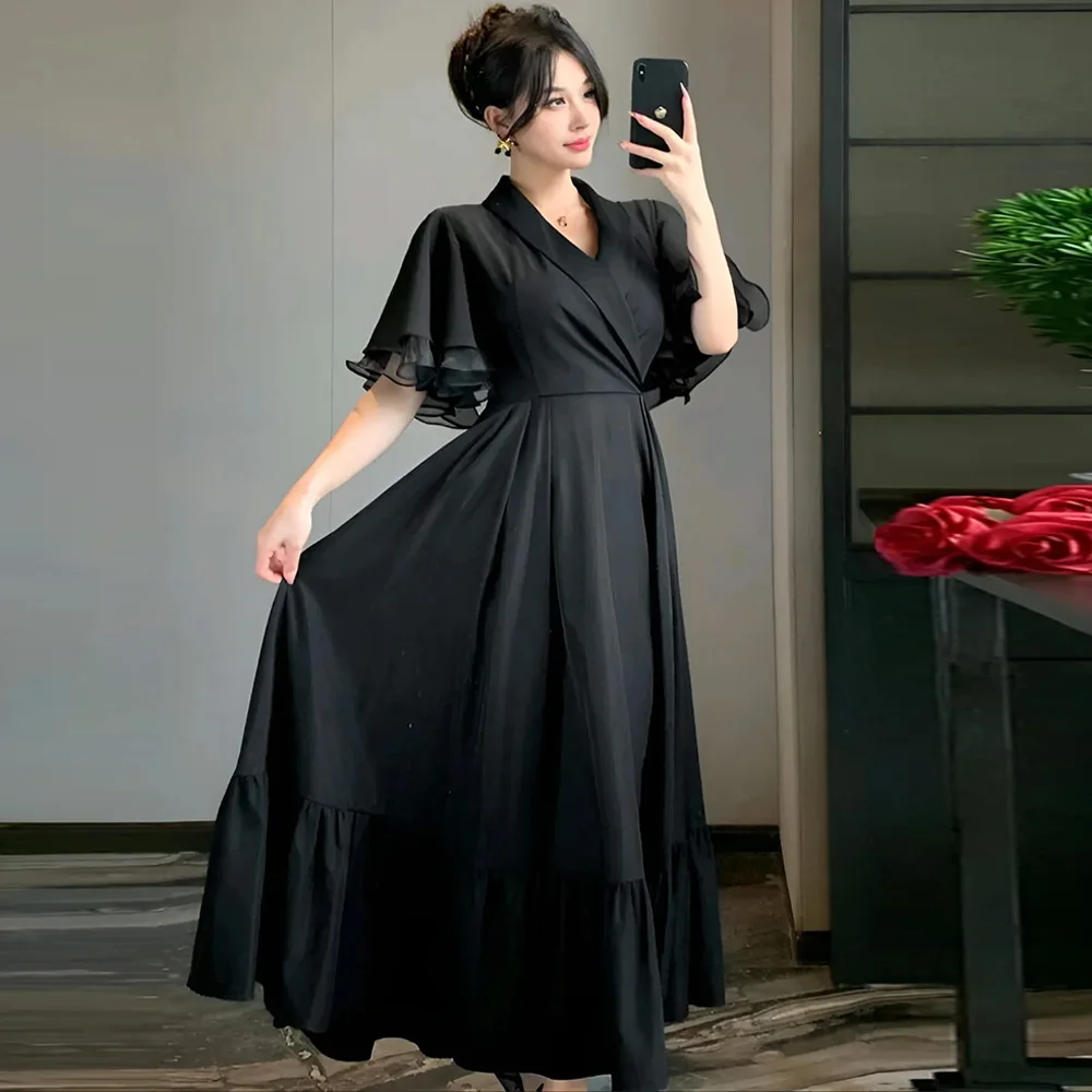

Simple A-Line V-Neck Evening Dress Customized High Quality Black Celebrity Gowns Short Sleeves Ankle Length Homecoming Dress