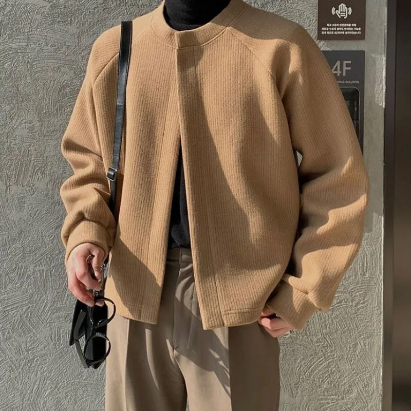 Men Crew Neck Knit Cardigan Raglan Sleeve Open Front Loose Short Knitted Outerwear