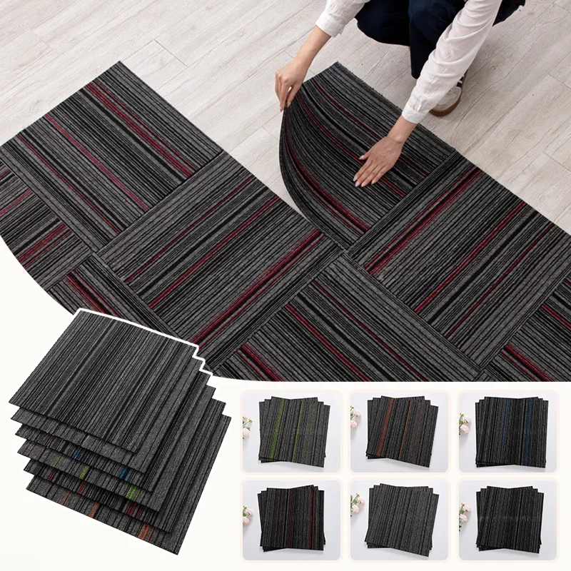 10pc 50x50cm Self‑Adhesive Striped Patchwork Carpet Tiles Wear Resistant Non-slip Door Mat Floor Mat For Office Home Hallway Rug