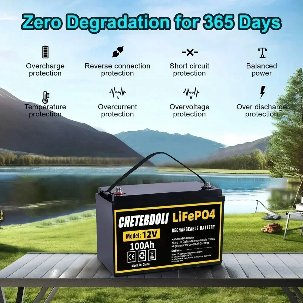 CHETERDOLI Original 12V 100Ah LiFePO4 Battery Built-in BMS Lithium Iron Phosphate Cells For RV Campers Golf Cart Solar Storage