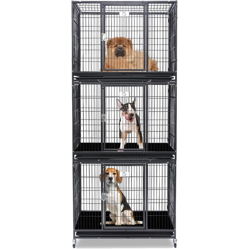

Three layer 36 inch stackable, connectable, non removable indoor dog cage with detachable tray and 360 ° lockable wheels