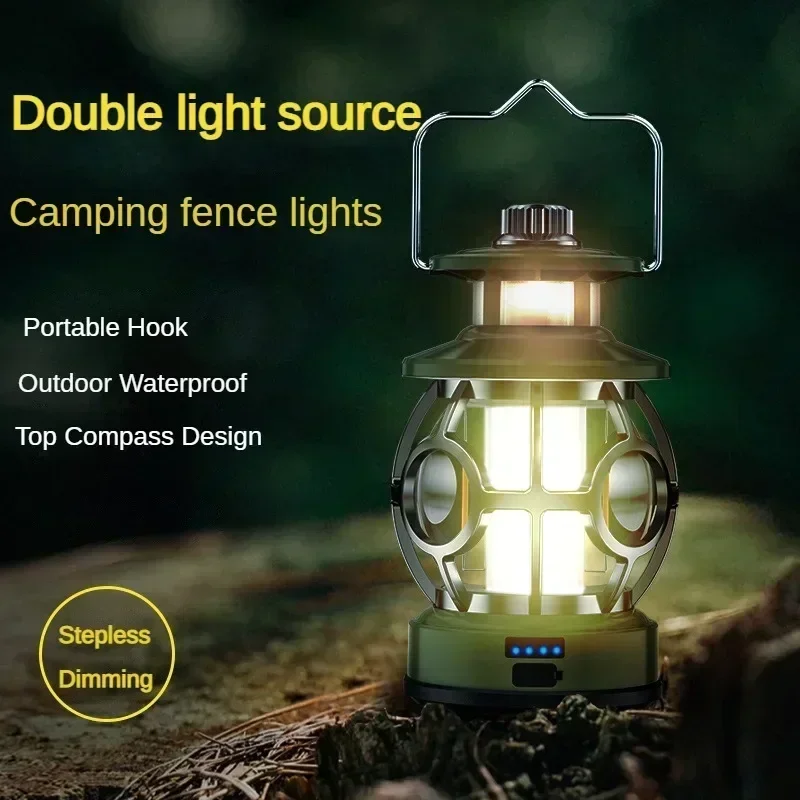 

Compass Vintage Camping Lantern, Rechargeable, Multifunction Portable Light, 4 Modes, Dimmable, Outdoor, Waterproof, Ambient Ten