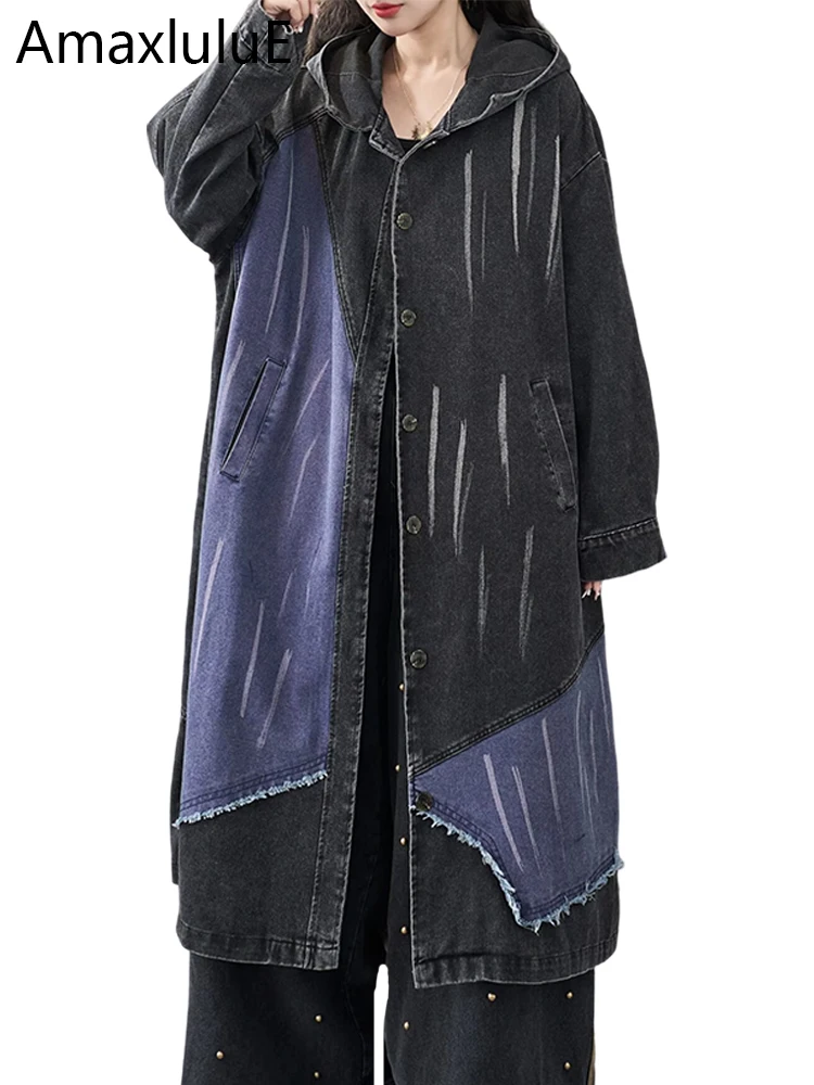 Amax LuluE Fall Ladies Casual Oversized Hooded Vintage Denim Trench Womens Patchwork Loose Long Coats Fashion Punk Windbreakers