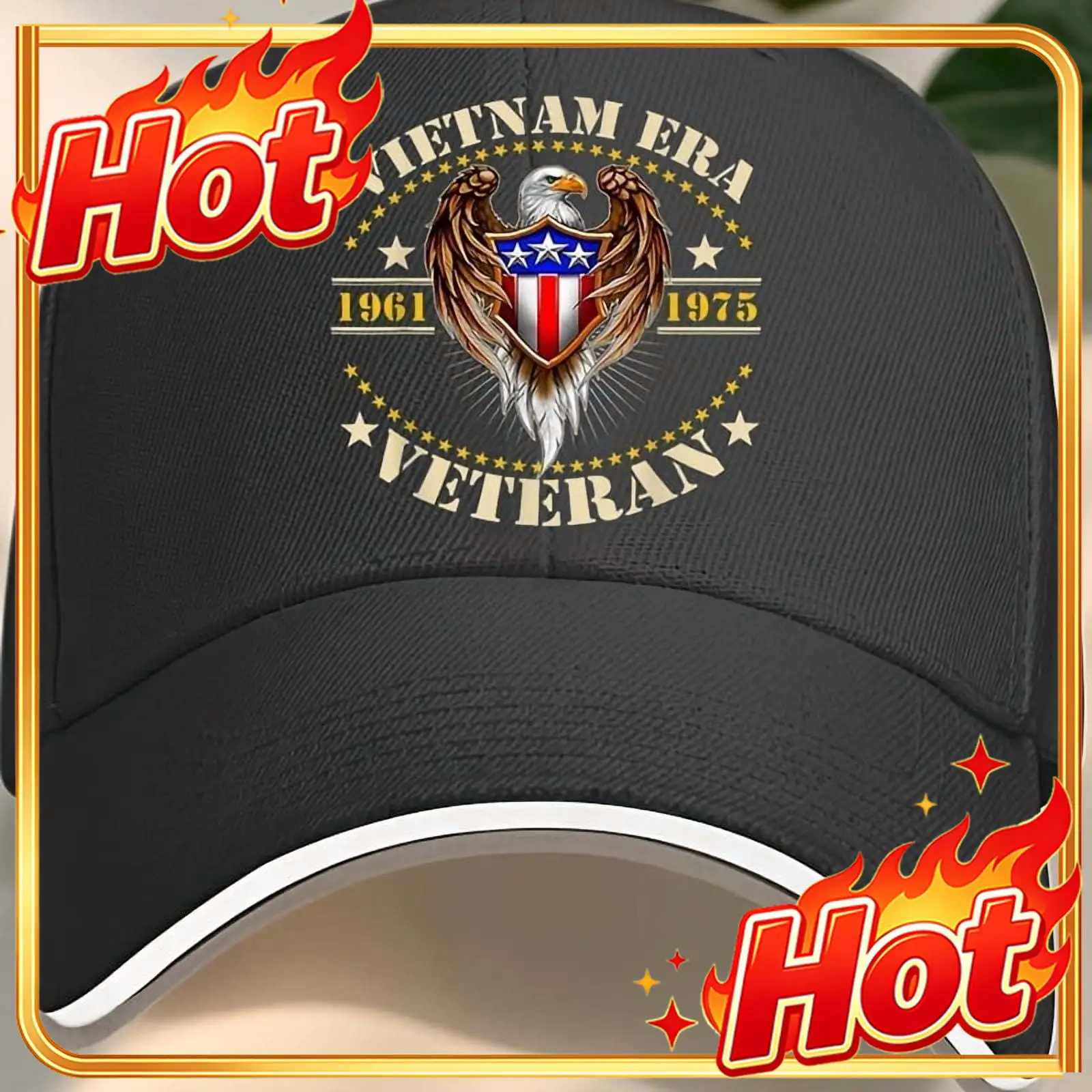 Vietnam Era 1961 1975 Veteran Baseball Cap Patriotic Eagle& Shield Design With Stars& , 100% Polyester Casual SandwichStyle