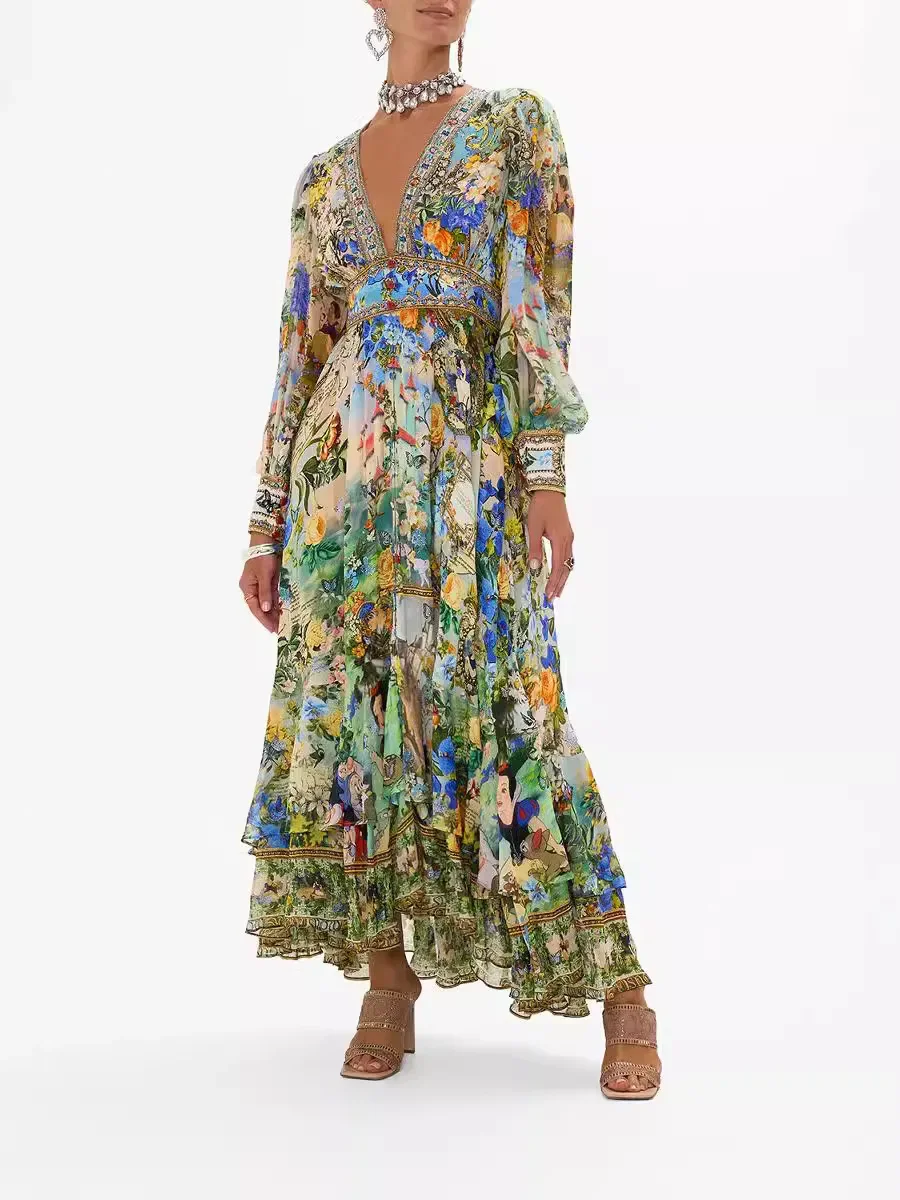 European And American New Arrival Hot Sale PrintingVCollar Long-Sleeved Bubble Sleeve Waist-Tied Summer New Women's Clothes