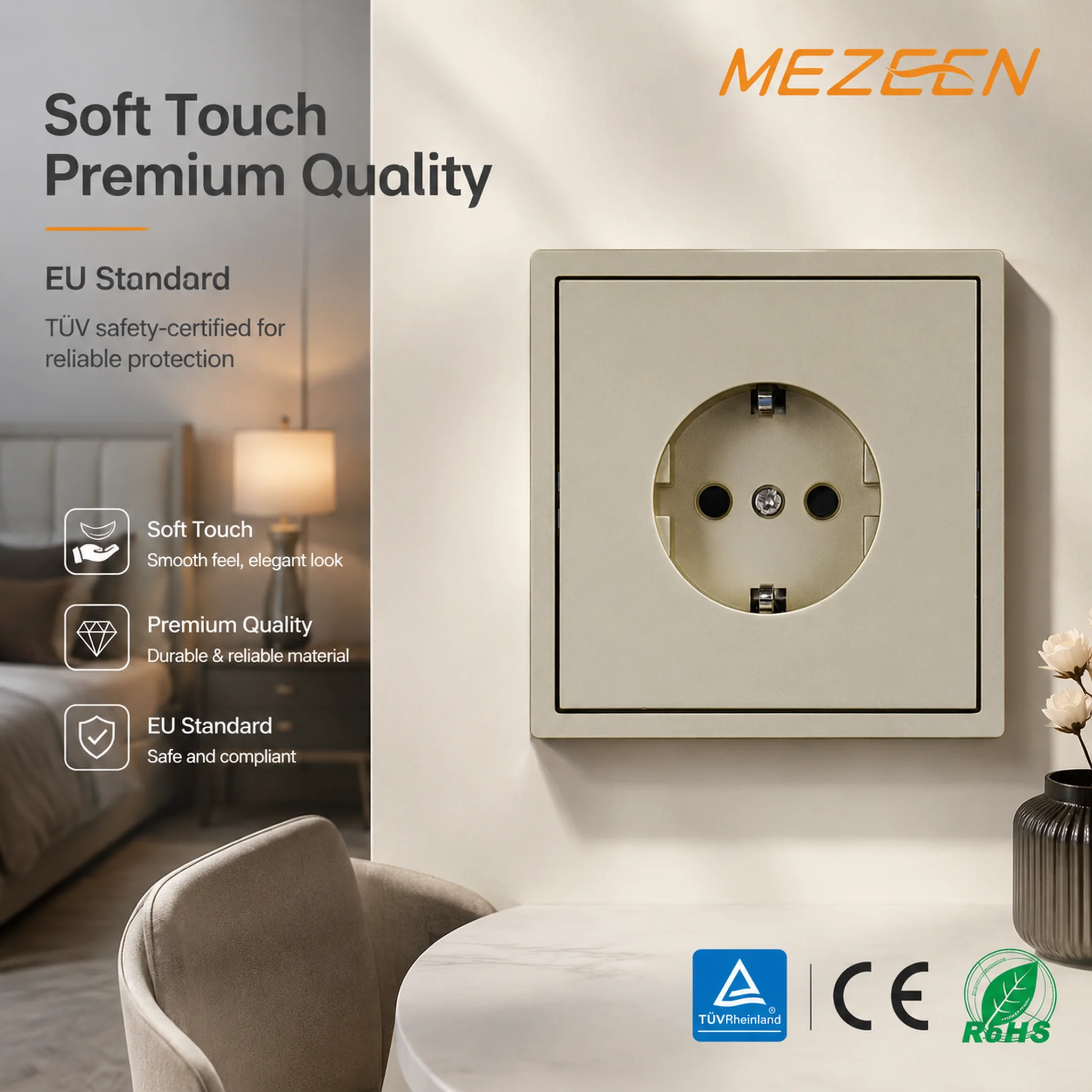 Gold EU Standard Large PC Board Socket Home Use Reliable Switches with Colors Available 250V~ 16A