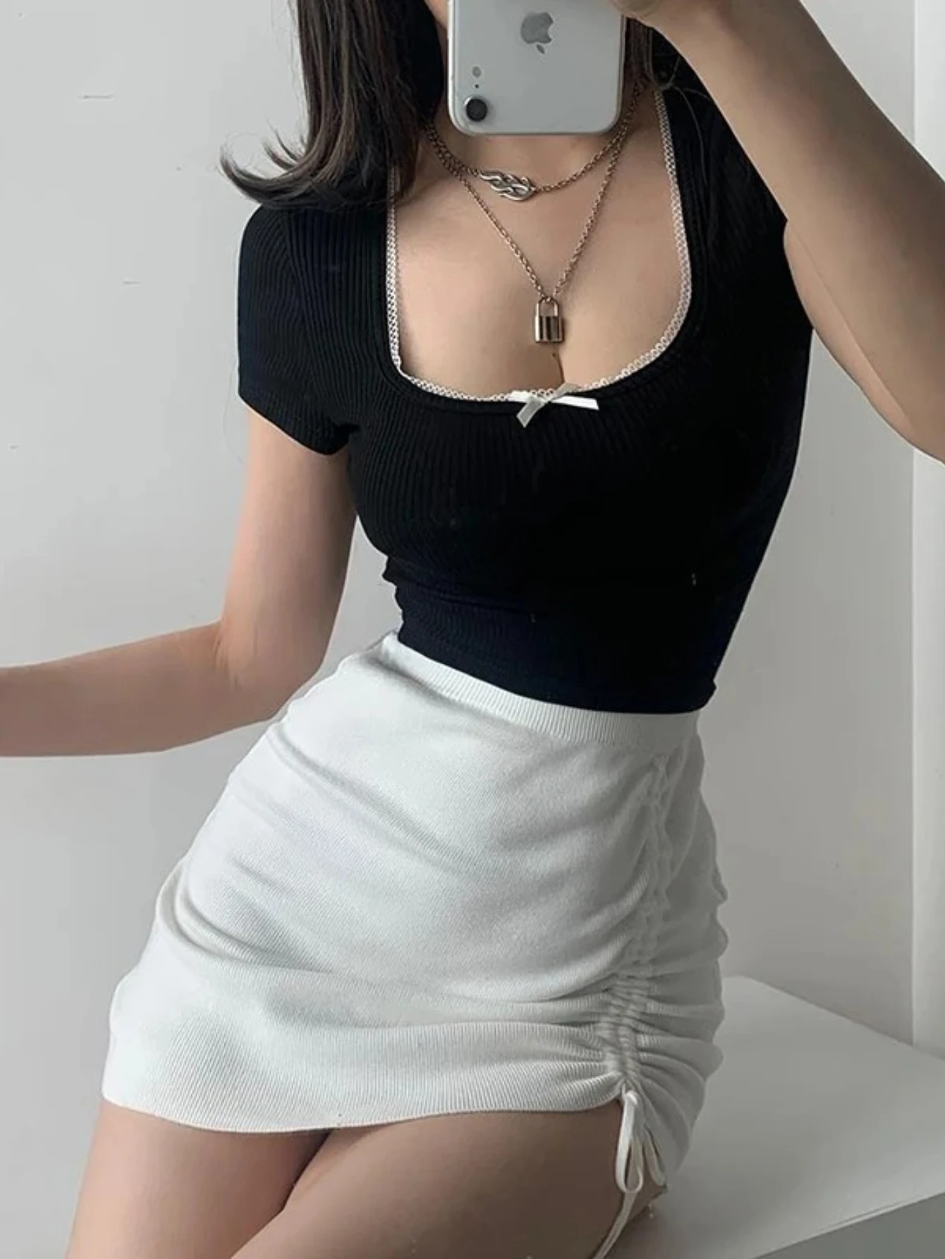 White High Waist Stretch Side Drawstring Skirt Women Club Slim knitted Short Skirt Sexy