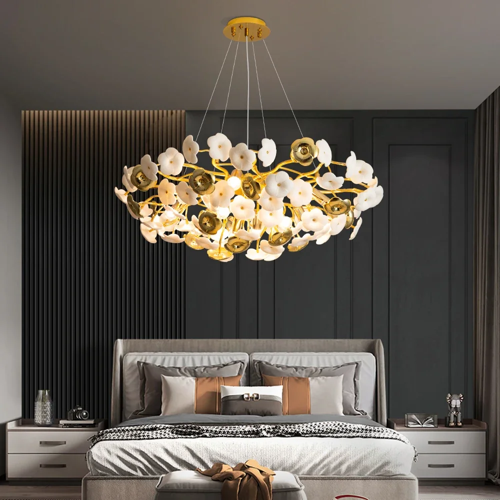 Luxury Ceramics Long Pendant Lights Living Room Ceramics Lampshade Pendant Chandeliers Room Decor Gold Led Ceiling Chandelier