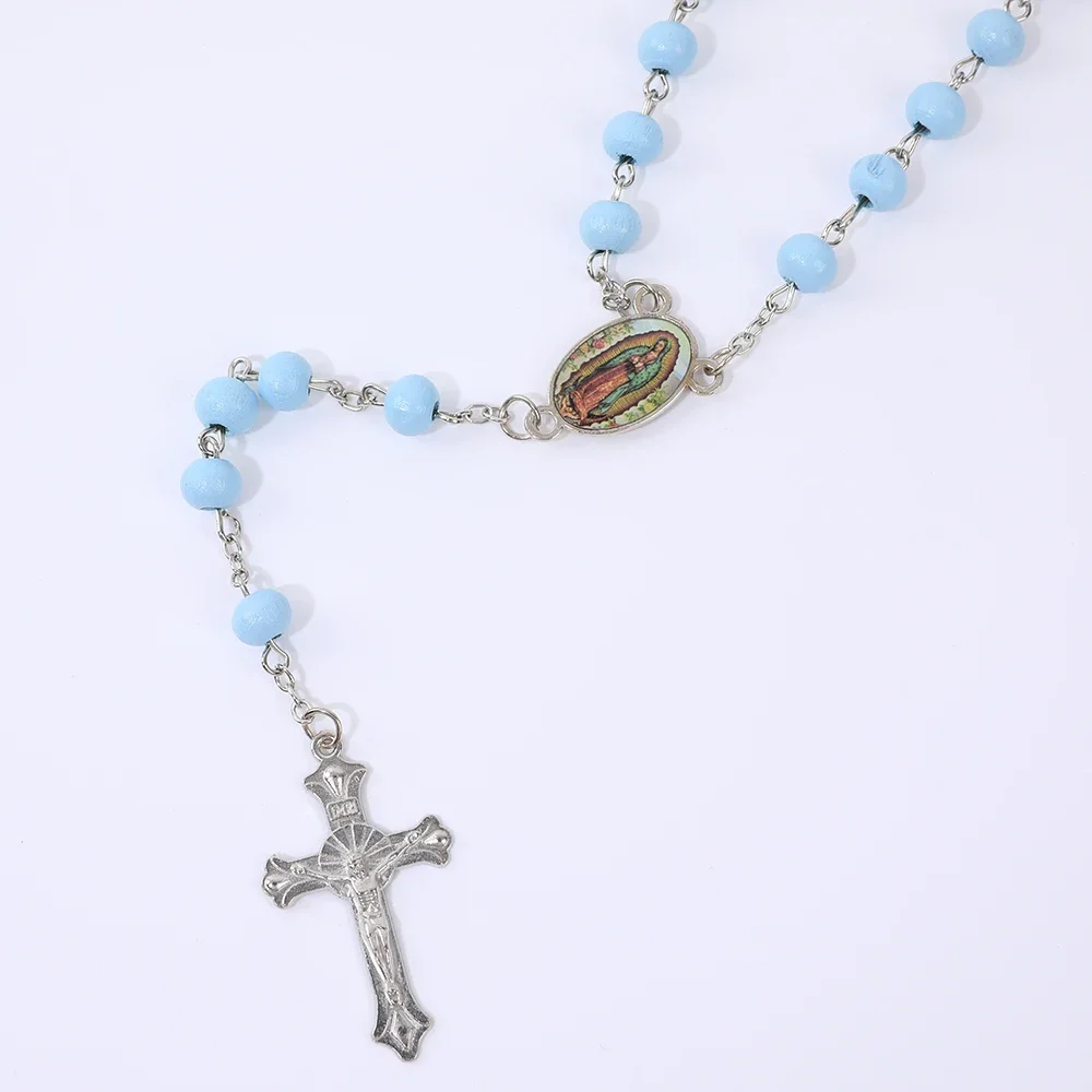 Blue Rosary Necklace For Women Men 6MM Wooden Prayer Beads Long Chain Religious Virgin Mary Cross Pendant Men Party Jewelry Gift