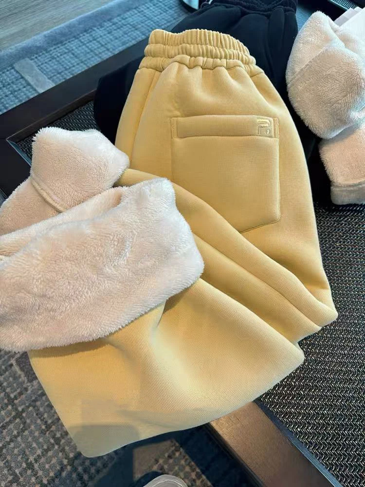 

Зимние толстые плюшевые брюки для бега, женские Y2K, уличная одежда с высокой талией, свободные широкие брюки, модные теплые брюки на шнурке