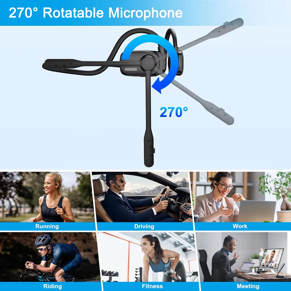 Open Ear Headset Bluetooth Wireless Headphones Earbuds with Noise Cancelling Mic Mute Button for Office Running Cycling Driving