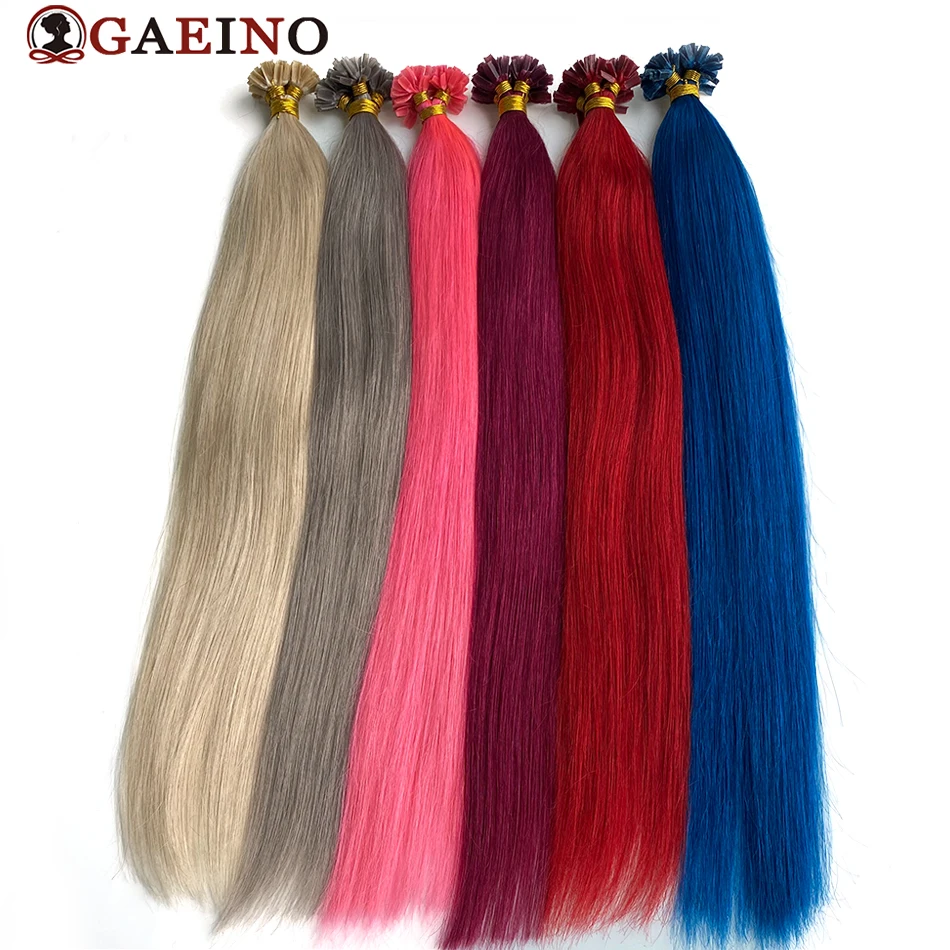Straight V tip hair extensions natural remy hair pre bonded keratin Capsule human fusion hair extensions bule pink red color