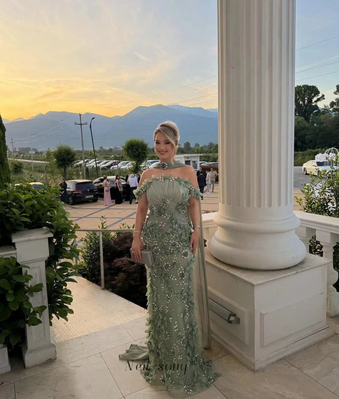 

Fashion Sage Green Party Dresses Customized Crystals Floral Off Shoulder Wedding Evening Gowns Formal Events Prom Robes 2026