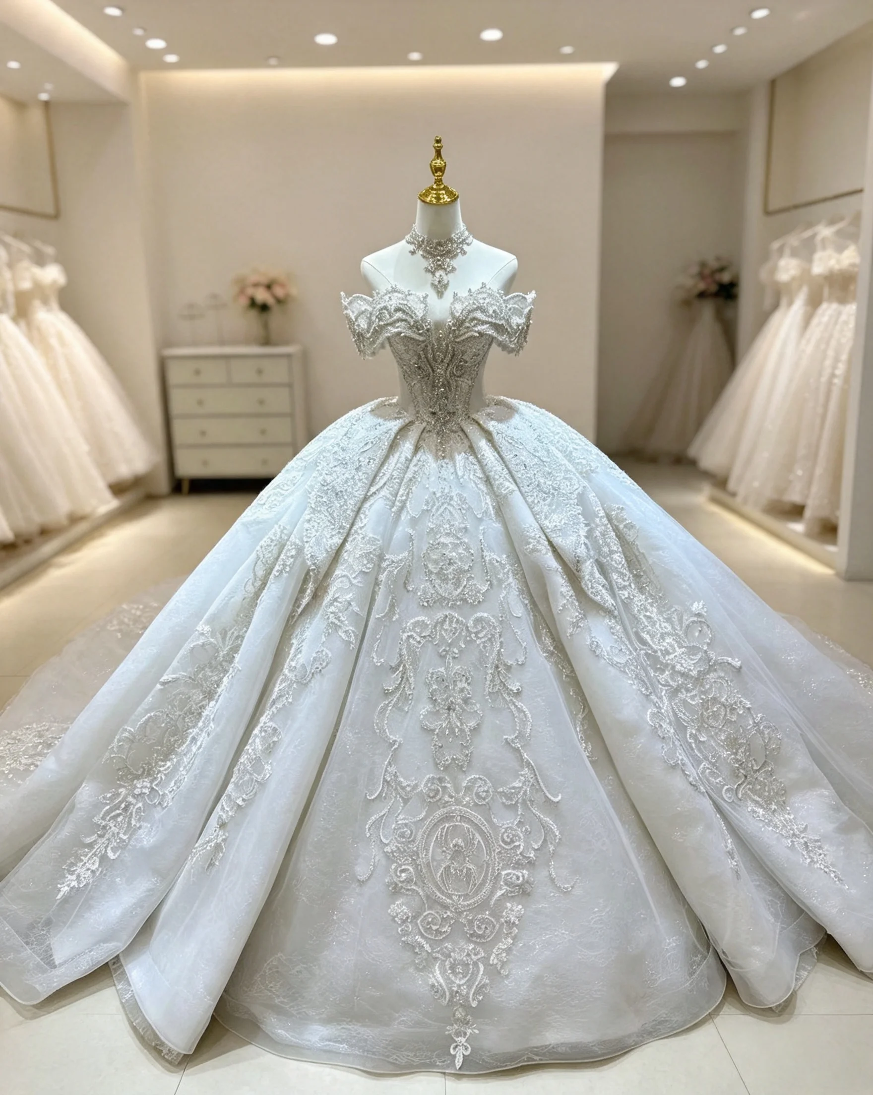 Luxury Off Shoulder Wedding Dress Heavy Beaded Rhinestone Bridal Gown High Neck Decor Cathedral Train Lace‑Up Back Custom Dress